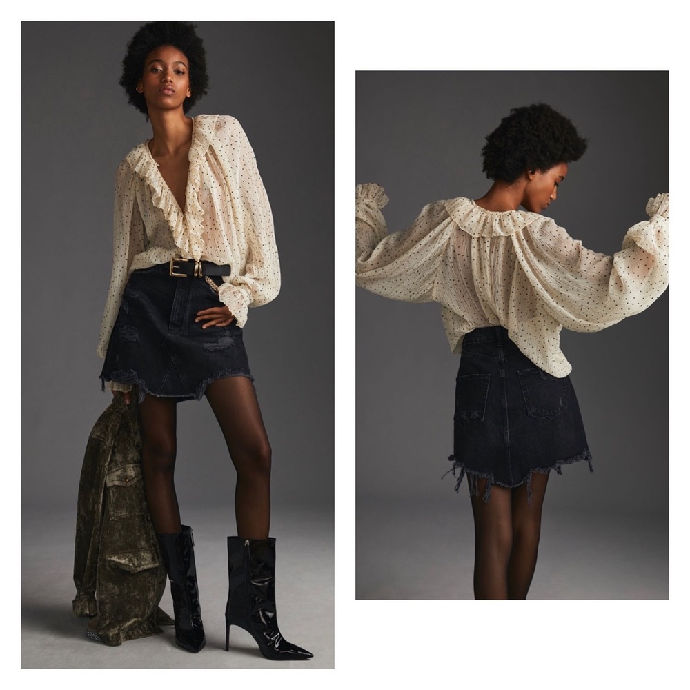 ANTHROPOLOGIE Pilcro Black Destroyed-Denim Boho Mini Skirt 10 Goth Indie Sleaze
